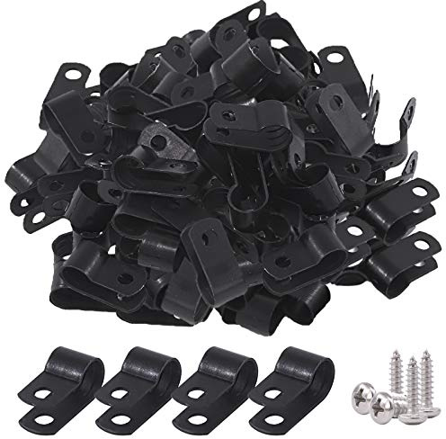 Glarks 120Pcs 5/16 Inch Black Nylon Screw Mounting R-Type Cable Clip Wire Clamp Kit with 120Pcs Screws for Wire, Conduit and Cable Conduit