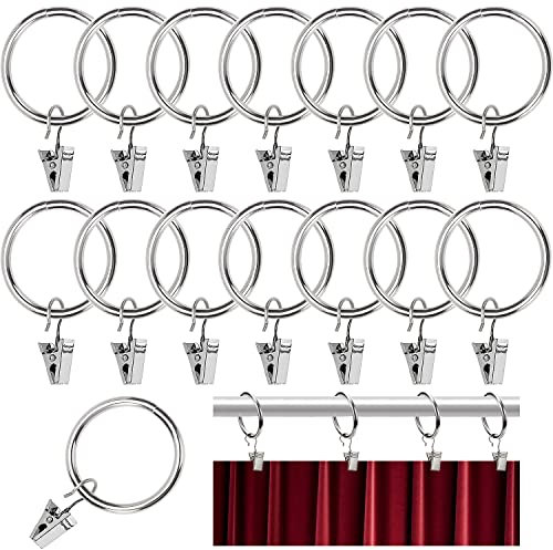 YIXISI 15 PCS Curtain Rod Rings, 32mm Rings with Clips, Shower Hooks, Light Hangers, for Curtains and Rods (Silver)