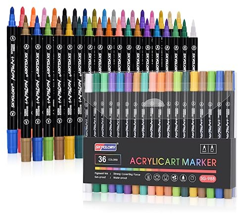 CORYIN Penne per pittura acrilica, 36 colori a doppia punta per pittura su roccia, penne da colorare per bambini e adulti, pennarelli con punta in feltro per carta di vetro, tela, decorazione