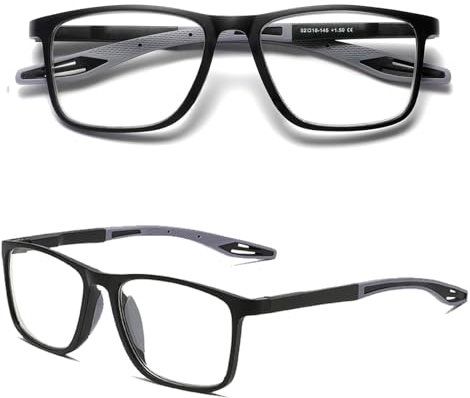 Hubeye TR90 Sports Reading Glasses for Men and Women Square Comfortable Flexible Blue Light Blocking Computer Readers 1.50