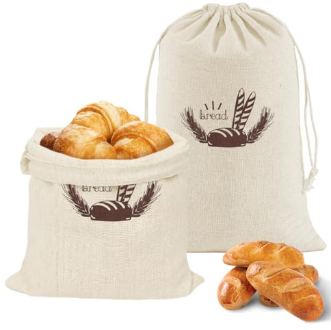 2 Pièces Sac à Pain en Lin, 30x40cm Sac a Pain Tissu Réutilisable, Sac de Stockage de Pain avec Cordon, Sacs à Pain en Coton Lin, Sac de Rangement de Pain Frais Respirant pour Pain, Fruits, Légumes