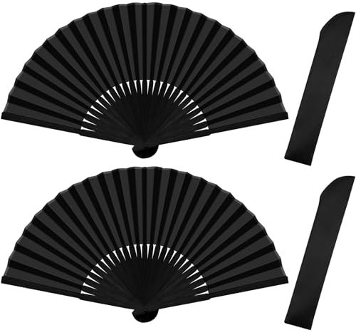 Quelcc 2 Pièces Éventails Pliants, Eventail Noir, Eventails à Main Portables, Eventail Mariage, Eventail pour Danse, Décoration Murale, Cosplay