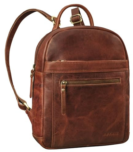 ROYALZ City Rucksack Damen klein Leder Tagesrucksack 'Delaware' moderne Vintage Rucksack-Handtasche Echtleder passend für DIN A5 Dokumente Daypack, Farbe:Roma Cognac Braun