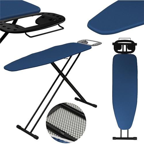 KADAX Table à Repasser 120 x 38 cm, Planche à Repasser Pliable avec Housse en Coton, Support pour Fer, Pieds Antidérapants et Hauteur Réglable (Bleu Foncé)