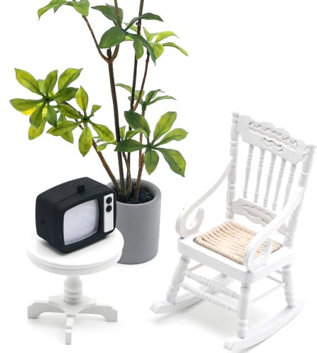 Minamzee 4 Teiliges 1:12 Puppenhaus Schaukelstuhl Set, Miniatur Holz Modernen Seitentisch, Nostalgischer Fernseher, Bodenpflanzen Puppenstubenmöbe für Wohnzimmer, Küche, Im Freien, Schreibtisch