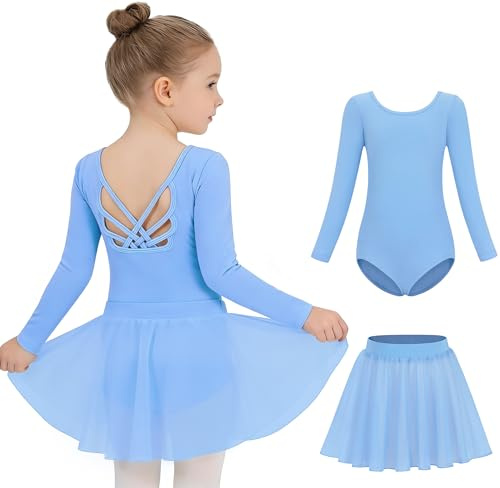 MdnMd Long Sleeve Dance Ballet Leotards for Girls Toddler Skirt Combo Ballerina Dresses Outfit Hollow Knot Back (Blue, 6-8 Years)