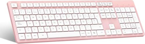 LeadsaiL Teclado Inalámbrico Rosa QWERTY Español Teclado USB Ergonómico Inalámbrico de Tamaño Completo, Teclado Numérico Teclas, 12 Accesos Directos Multimedia para Windows Mac PC Ordenador Portátil