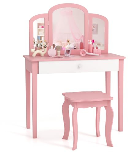 Maxmass Kids Vanity Table and Stool, 2 in 1 Children Vanity Table with Tri-folding Mirror & Drawer, Princess Make up Desk Girls Makeup Table for Bedroom Playroom (Pink)