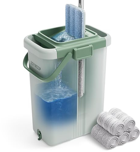 JOYMOOP Mocio e secchio con strizzatore, mocio piatto da spremere con secchio (X-Large), mocio antipolvere per pulizia da parete con manico lungo, mocio in microfibra, secchio verde con 5 panni
