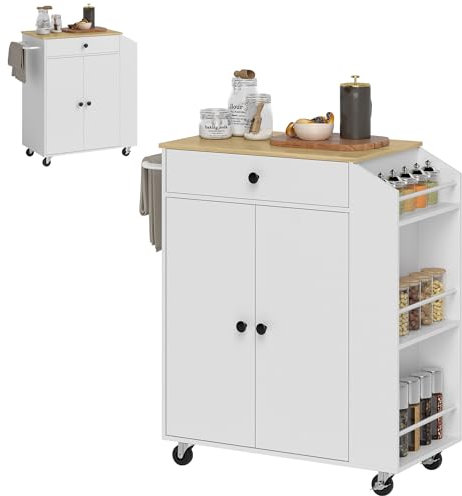 HOMCOM Kücheninsel Küchenwagen auf Rollen mit Arbeitsplatte, Küchenschrank mit Schublade, Gewürzregal, Ablage, Handtuchhalter, Servierwagen Rollwagen für Küche und Esszimmer 82 x 38 x 86,5 cm Weiß