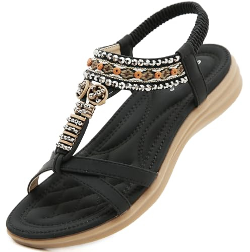 Acfoda Sandales Femme Été Confortable Plates Bohême Sandals Noir 41