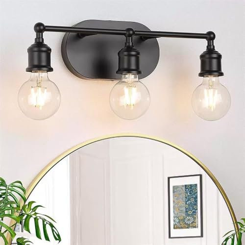 Mkichi Aplique Espejo de Baño Vintage con 3 Luces,Lámpara de Pared Industria,E27 Luz de Baño,Aplique de Pared Interior para Dormitorio Salon Pasillo (Negro)