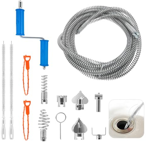 Spirale professionale per la pulizia dei tubi in acciaio galvanizzato, testa di taglio 6 in 1 e 4 ganci speciali, adattatore manuale, universale per tubi di scarico (10/12/16 mm)