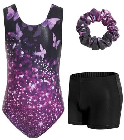 JiAmy Gymnastics Leotards for Girls with Shorts Set, 3Pcs Kids Gymnastics Athletic Outfit, Sleeveless Ballet Dancewear for Kids Pink Flowers 8-9 Years