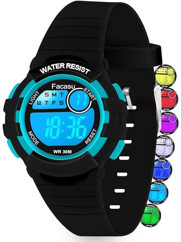Facasu Orologio Digitale Bambini Ragazzi Ragazze con Luce Colorata,50m Impermeabile Fino,Sport all'aria Aperta,Cronometro,Allarme,Funzioni 12/24 ore,Regali Bambini dai 4 ai 15 anni (Nero-N)