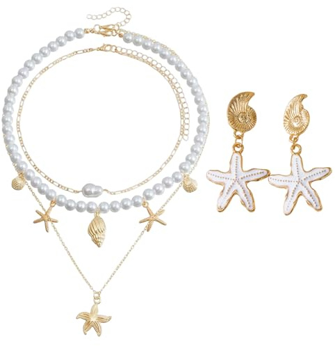 XcnPer Shell Necklace for Women with Starfish Earrings, Bohemian Beach Jewelry Set, Seashell Necklaces and Starfish Earrings Gold for Summer Outings and Layered Styling