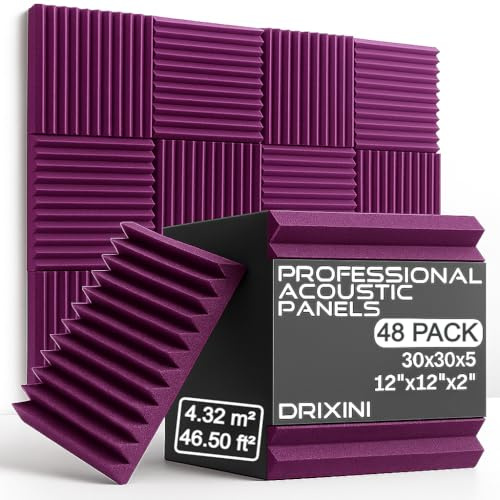 DRIXINI Akustiska paneler 30 x 30 x 5 cm – professionellt ljudabsorberande skum för studio, podcast, hem och kontor - set med 6–48 stycken med tejp - Reverb-dämpning och 3D-dekoration (lila, 48 st)