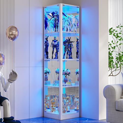 FREDEES Corner Display Cabinet with Glass Doors, 175cm, White