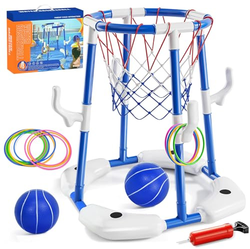 JONRRYIN Baloncesto Piscina, 2 en 1 Juguete de Baloncesto para Piscina, con 2 Bolas y 12 Anillas, Incluye Bomba, Deportes Acuáticos Canasta de Baloncesto Flotante para Adultos y Niños