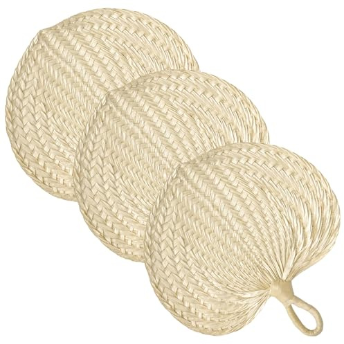 Wxyestna Abanicos de Rafia de 3 uds, Abanico de Mano de Paja con Hojas de Palma Grandes de 12x13 Pulgadas para Luau, Boda, Boho