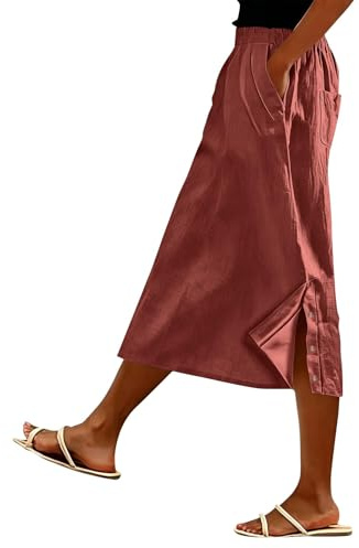 Jupes en lin pour femme, longueur mi-longue, décontractée, boutonnée sur le côté, jupe midi en lin, taille haute, jupe longue fluide jupe de plage pour les vacances