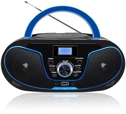 LONPOO Portable CD Boombox, Bluetooth 5.3 Stereo Sound FM Radio with USB/AUX/3.5mm Earphone, AC/Battery Powered for Home Outdoor Kids Elders (LP-D02)