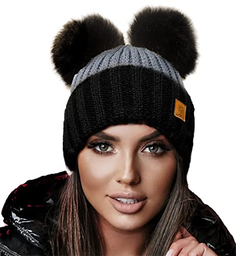 4sold Miki Colour Dark Grey Womens Girls Winter Hat Wool Knitted Beanie with Double Pom Pom Cap Ski Snowboard Bobble