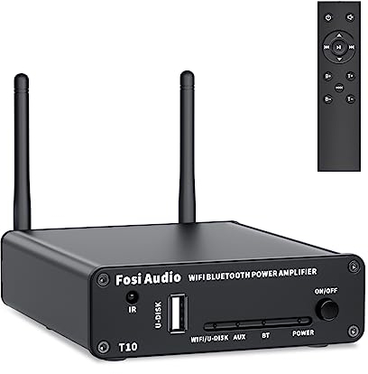 Fosi Audio T10 Amplificateur HiFi 200W, WiFi & Bluetooth 5.0 2.0CH Amplificateur HiFi stéréo, Module de routage WiFi sans Fil Intelligent, Klass-D 100W x 2 pour Haut-parleurs, télécommande Incluse