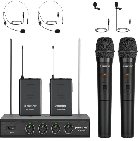 Phenyx Pro Wireless Microphone System, 4-Channel VHF Wireless Microphone Set with 2 Handhelds/2 Bodypacks/2 Lapels/ 2 Headset, Metal Receiver, Suitable for Church, Meeting, Conference(PTV-2000-2H2B)