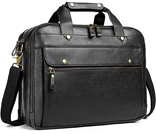 Bosidu Leather Briefcases for Men 15.6 Inch Laptop Messenger Bag with Triple Compartments Water-Resistant Computer Shoulder Bag for Business, Travel, Work, Office, Black