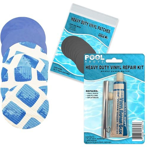 All-in-One Repair Kit for Above-Ground Pools | Fast, Underwater-Capable Peel-and-Stick OR Adhesive Glue-Down Vinyl Patches & for Easy Set and Frame Pools Blue Glue On