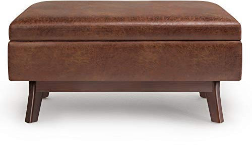 SIMPLIHOME Owen 36 Wide Vegan Leather Lift Top Ottoman in Saddle Brown