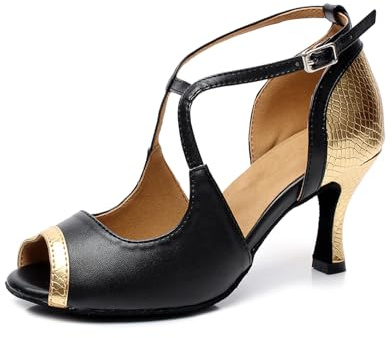 SWDZM Femmes Peep Toe Cross Strap Salsa Tango Jazz Salle de bal Latine Moderne Danse Chaussures,QJW6132,Talon-6cm,Or,38.5 EU