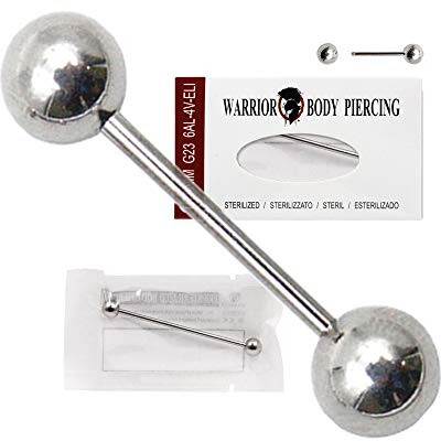WARRIOR piercing de lengua esteril con barra barbell de titanio G23, tamano 14G (1,6 mm), con dos bolas de 5 mm, paquete de 1 pieza, PTL-001 (25 mm)