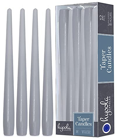 Hyoola Candele Lunghe a Cono 25 cm - Candele Coniche Senza Profumo Antigoccia - Candele Colorate Grigio Argento - Candele Lunga Durata 8 ore - Set Candele Affusolate da 12