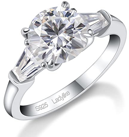 Ladylike Bagues de fiançailles en moissanite à 3 pierres pour femme - 2,8 carats - En argent sterling massif - Plaqué or 18 carats - Coupe trapézoïdale