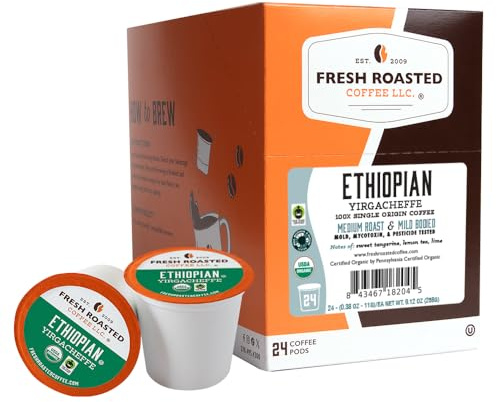 Fresh Roasted Coffee, Organic Ethiopian Yirgacheffe | USDA, Kosher, 3rd Party Tested for Mold, Myco, Pesticides | 24 Pods for K Cup Brewers