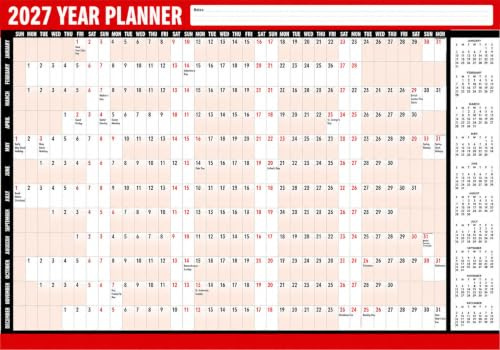 FIRST CHOICE KAYA 2027 Wall planner A1 - Large 85x58 cm Laminated Year Calendar with Dry Wipe Pen & 200+ Stickers - Reusable Year-at-a-Glance Planner for Home, Office, School & Business Organisation