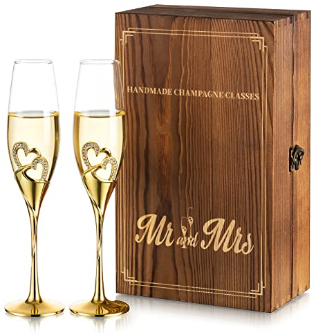 NUPTIO Cristal Flûtes à Champagne Mariage : Ensemble de 2 Verres à Champagne Dorés Avec Boîte-cadeau Bois Paire Verres Prosecco Couples Mariés Fiançailles Anniversaires Les Vie Jeune Fille