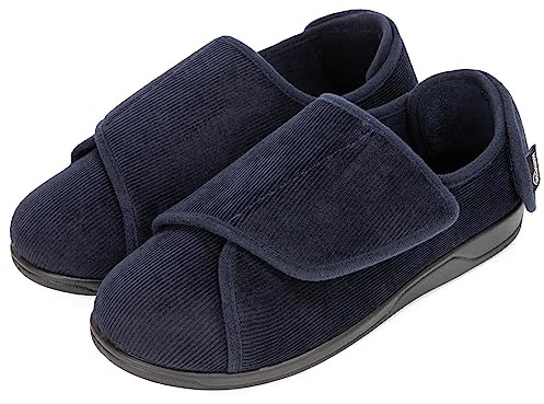 HomeTop Pantoufles pour hommes talon fermé velours côtelé ajustable coupe large mousse mémoire Bleu Nuit,47 EU