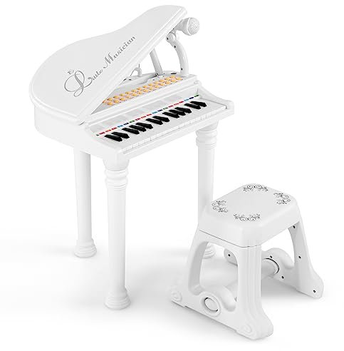 GOPLUS Jouet de Piano Électronique à 31 Touches pour Enfants, Clavier Électronique avec Tabouret, Microphone & 3 Modes d'apprentissage, Piano Électronique, Cadeau Parfait pour Tout-Petits (Blanc-31)