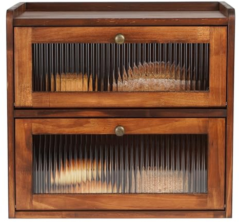 Sunhoo Bread Box for Kitchen Countertop Wooden Bread Storage Container Bin 2 Layer Breadbox Holder Large Capacity Keeper Vintage Farmhouse Food Organizer Pantry Shelf Acrylic Window (Brown)