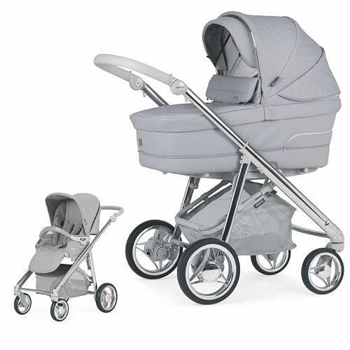 BEBECAR Zweiteiliger Kinderwagen V Pencials, inklusive Gestell mit Korb, Babywanne komplett mit Matratze und Buggy mit ausziehbarem Verdeck, verchromtes Gestell, Farbe KP051