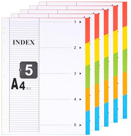 [5 Pack] File Dividers A4,5 Part Numbered 1-5,Subject Divider with Numbers Multipunched Colour Paper Index Tabs