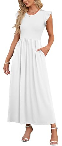AUSELILY Vestido Largo para Mujeres Vestido de Manga Corta con Pétalos en Volantes Vestido Elástico Casual con Bolsillo Vestido Elástico