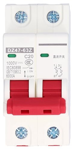 DEWIN Disyuntor DC,DZ47‑63Z 2P 1000V 20A Disyuntor en Miniatura DC Interruptor Automático de CC Circuit Breaker montaje en riel DIN, para sistemas solares fotovoltaicos y otros sistemas de CC