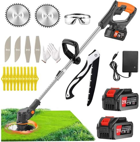 Desbrozadora de césped inalámbrica de 21 V y cortacésped de jardín con 3 tipos de cuchillas, cortador de cepillo eléctrico con 2 baterías para limpiar malas hierbas de jardín