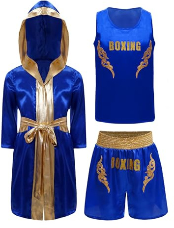 Kaerm Disfraz de boxeador para niños y jóvenes, abrigo de satén, abrigo con capucha, sin mangas, camiseta corta, traje de Muay Thai, ropa de artes marciales, azul, 158-164
