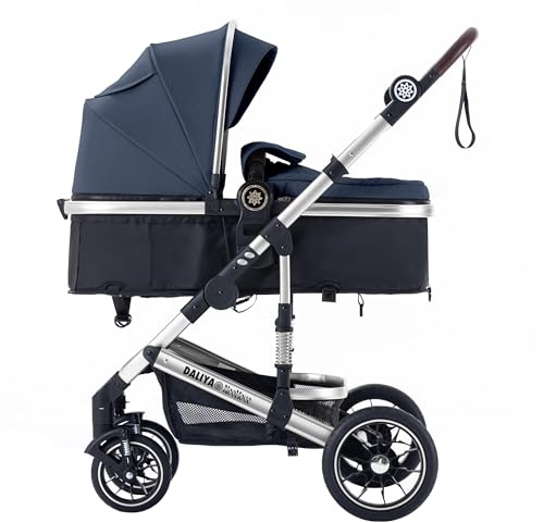 Daliya® NEOMOVE 2in1 Kombi-Kinderwagen | Buggy | klappbare Babywanne und Sportsitz | Große Räder | Rückenlehne stufenlos | Leichter Alu-Rahmen | Großer Einkaufskorb (Silber-Blau)
