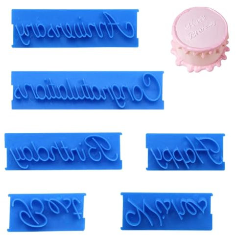 6Pcs Cake Words Stamp Cake Writing Tools Happy Birthday Stencil Congratulation Anniversary Birthday Handwritten Letter Cutter Set Printed Stamp Bakery Supplies for Cake